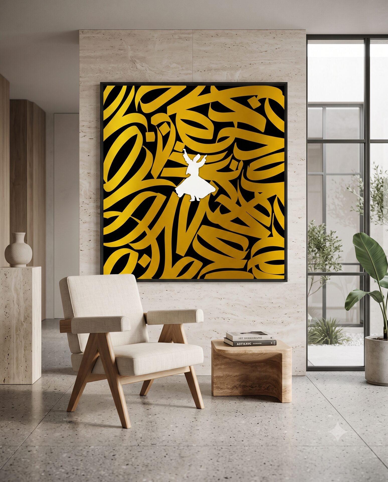 Gold calligraphy artwork with a whirling Sufi silhouette, framed in a living room