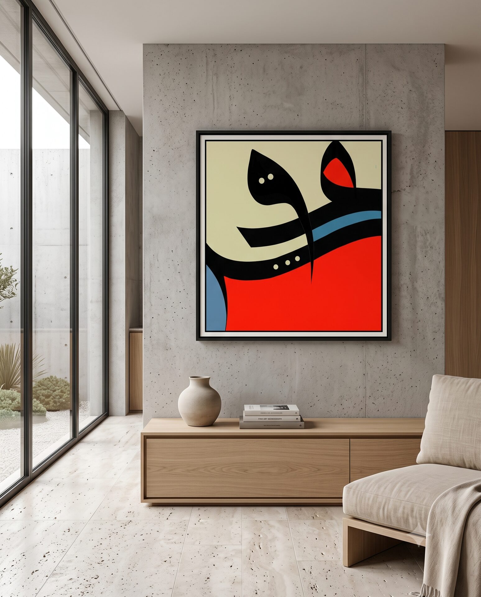 Modern colour-block calligraphy artwork framed on a concrete wall