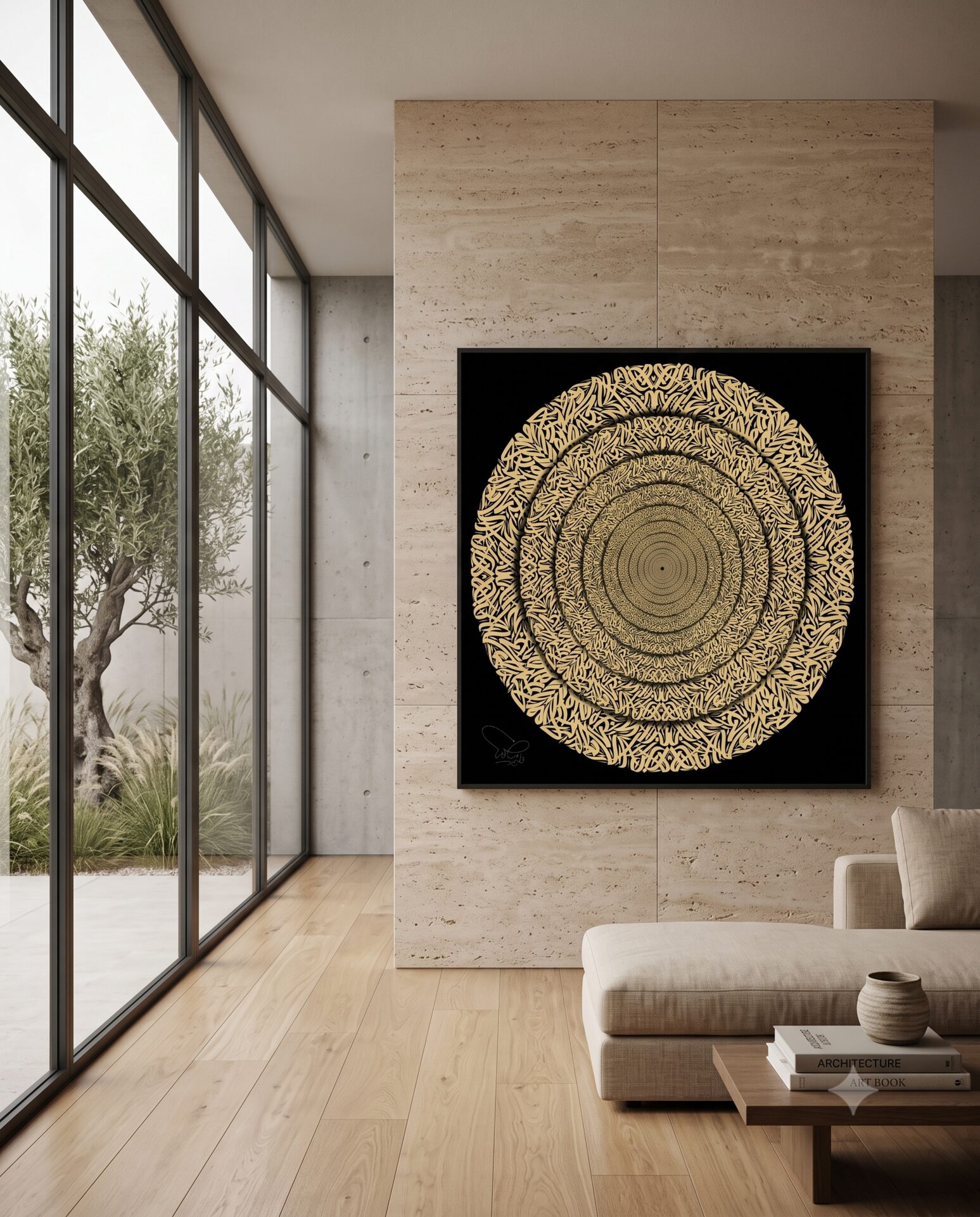 Circular gold calligraphy artwork framed beside a window