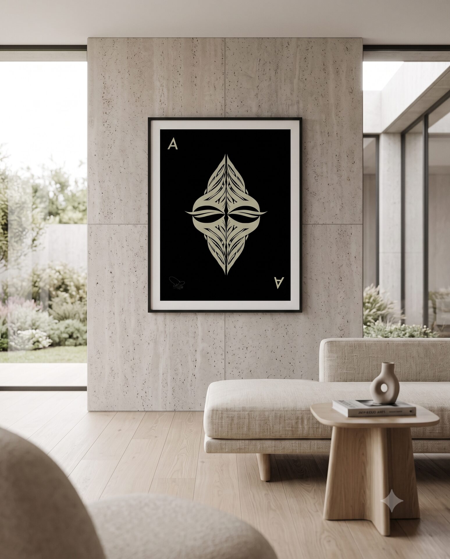 Minimalist calligraphy artwork framed against a travertine wall