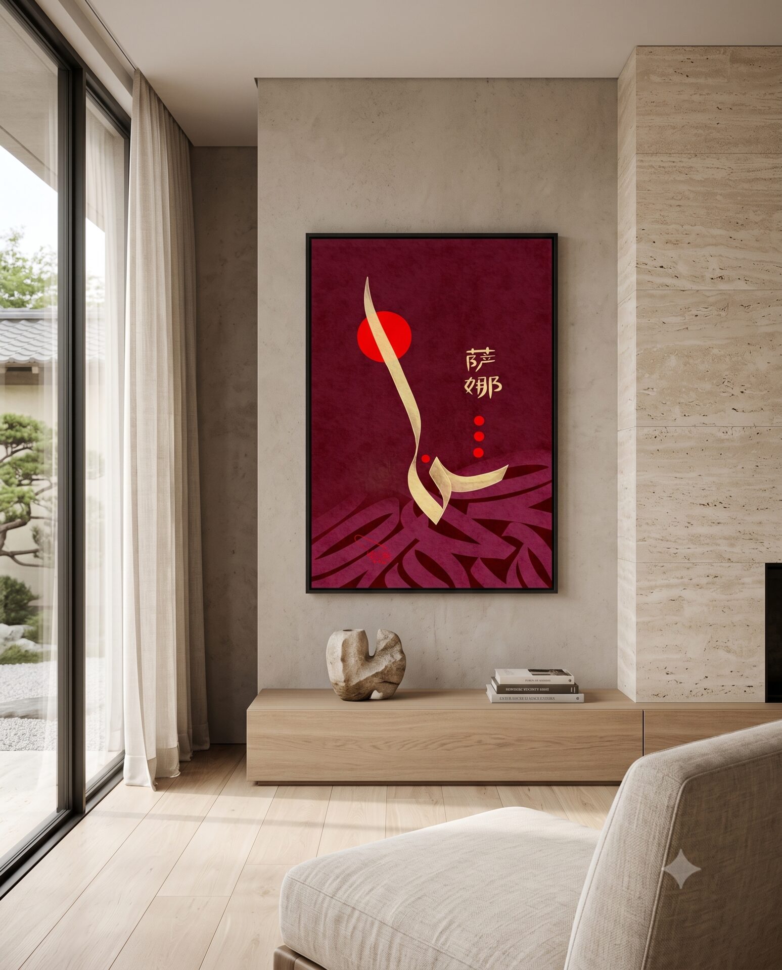 Custom name calligraphy artwork in maroon and gold, framed in a living room